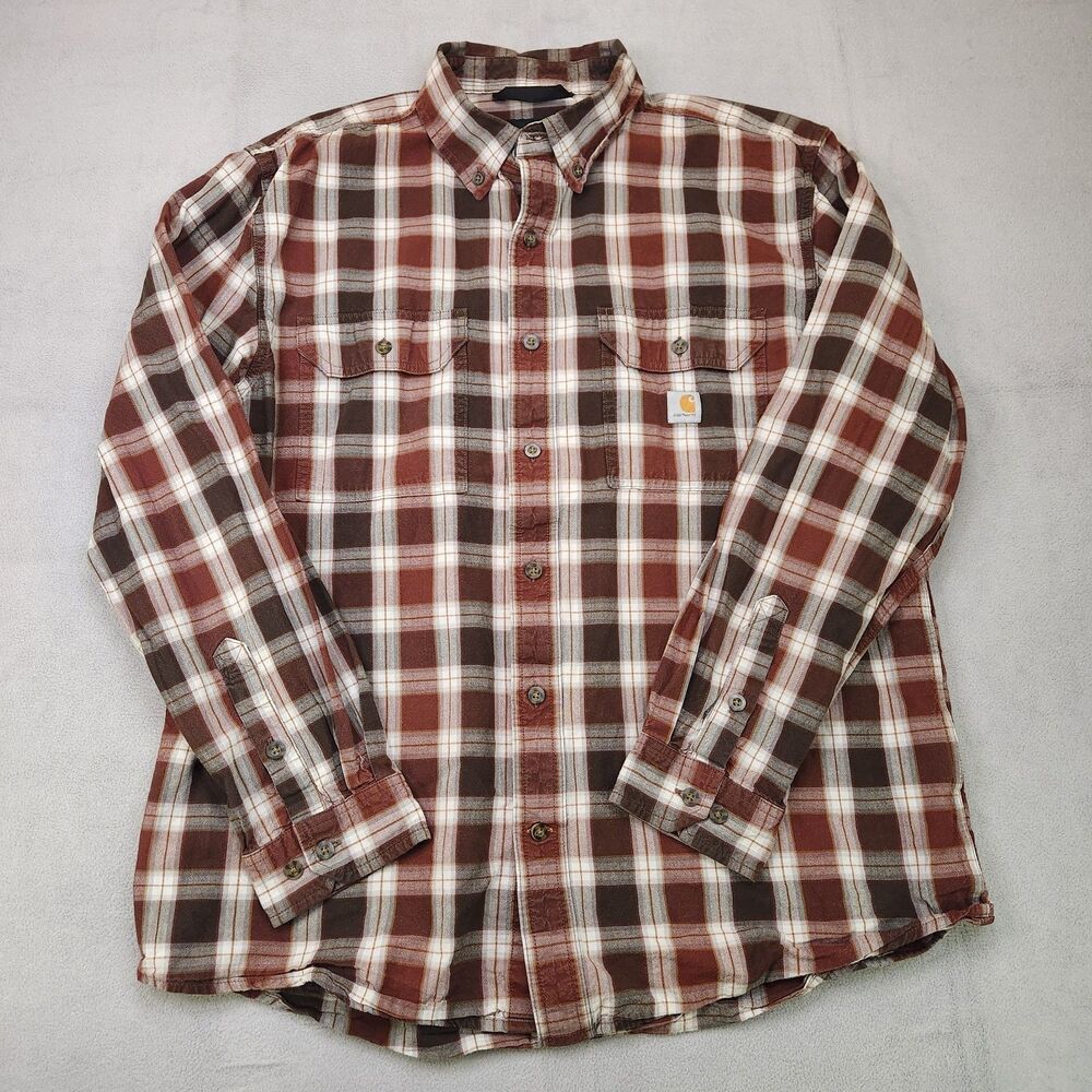 Carhartt Loose Fit Chambray Long Sleeve Shirt Men's L Button‎ Down Brown Plaid